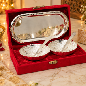 German Silver Bowl Set: 2 Bowls, 2 Spoons, Tray in Velvet Gift Box