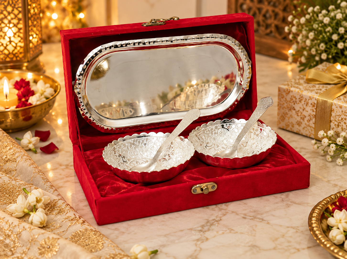 German Silver Bowl Set: 2 Bowls, 2 Spoons, Tray in Velvet Gift Box