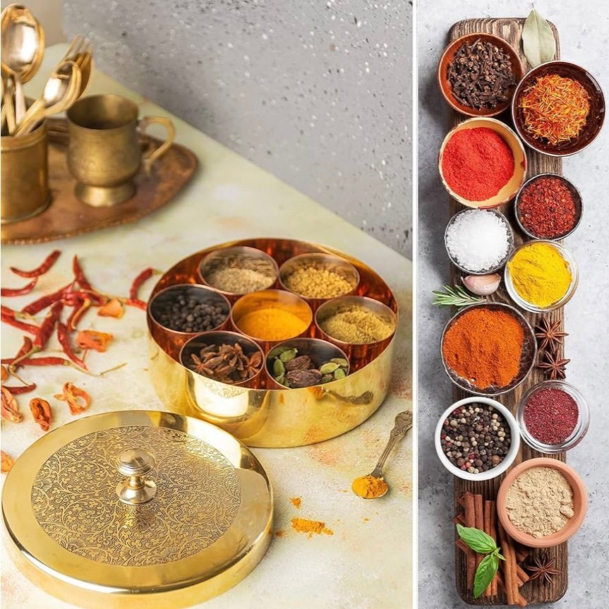 Brass Masala Dabba: Handcrafted Indian Spice Box with 7 Containers