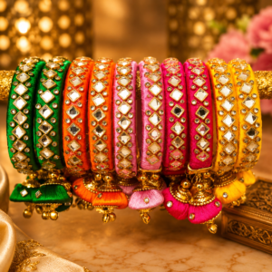 Handcrafted Silk Thread Bangles with Latkans – Kundan Mirror Work, Adjustable