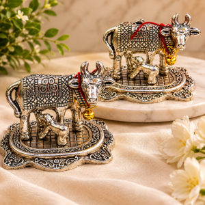 German Silver Kamdhenu Cow & Calf Idol – Prosperity Pooja Favor