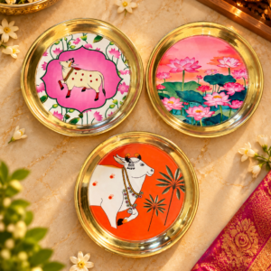Pichwai Brass plates for Return favors  for Pooja, Navaratri , Diwali, Housewarming