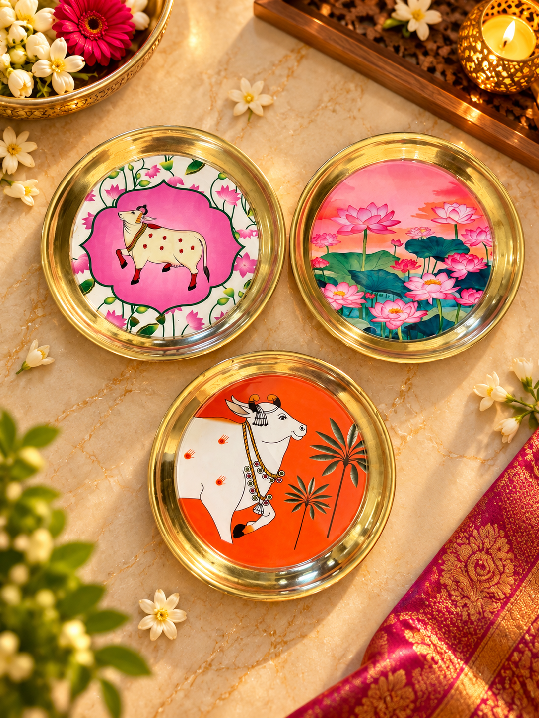 Pichwai Brass plates for Return favors for Pooja, Navaratri , Diwali, Housewarming