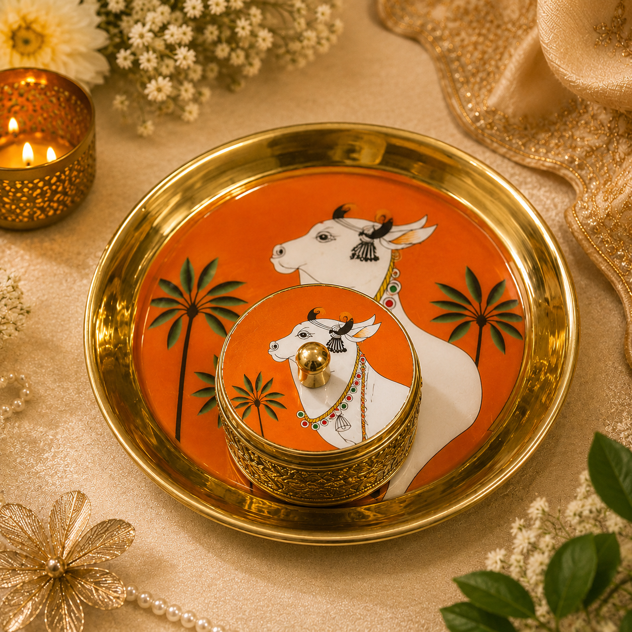 Pichwai Brass plates for Return favors for Pooja, Navaratri , Diwali, Housewarming - Image 2