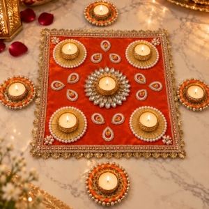 5 Piece Handmade Rangoli Set: Intricate Centerpiece and matching tealights