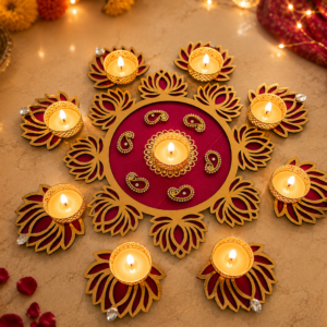 9 Piece Handmade Tealight Rangoli Set: Centerpiece & 8 matching tea lights
