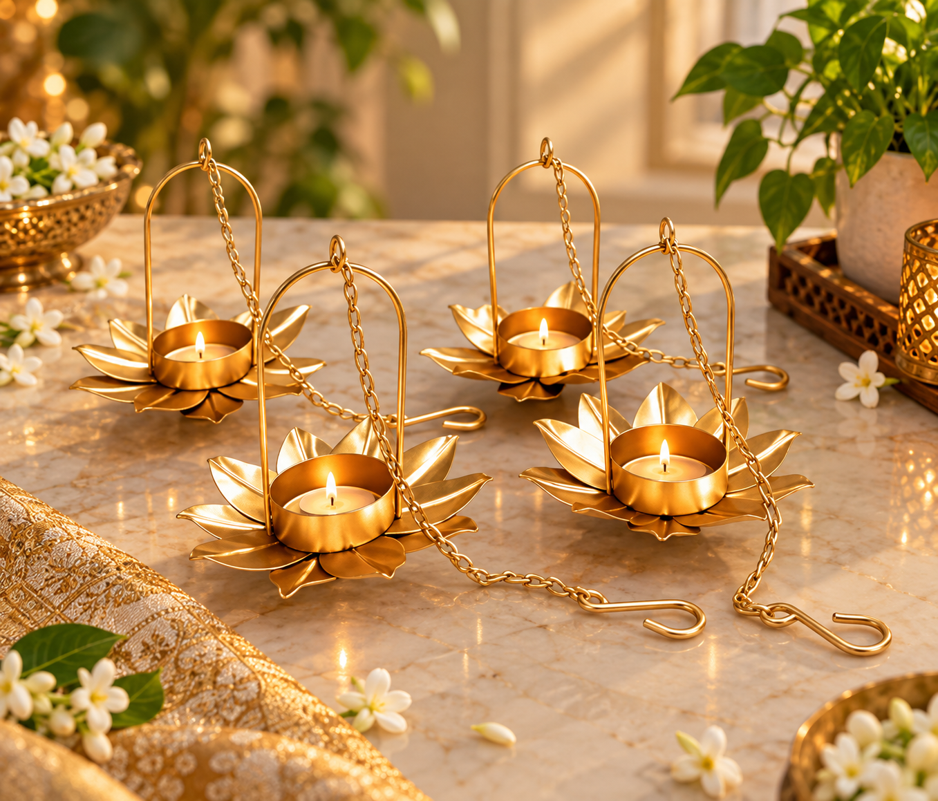 Gold Finish Metal Diwali Hanging Diya 3 inch for Gifting/Pooja/Diwali - Image 2
