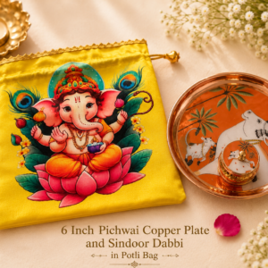 Pichwai Brass plates with Kumkum Dibbi for Return favors  for Pooja, Navaratri , Diwali, Housewarming