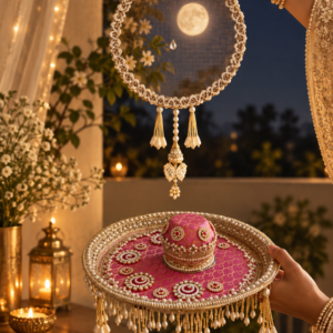 Handmade Karwa Chauth Thali Set : Puja Plate, Chalni, Lota, Diya & Thal Posh