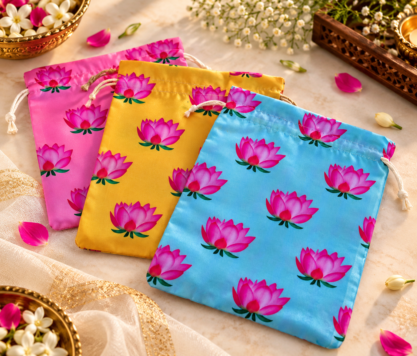 Lotus Print Satin Potlis, Indian Gifting Favor Bags - Image 3
