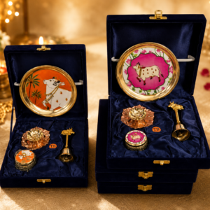 Brass Pooja Thali Set for Aarti, Wedding, Rakhi or Gifting in Velvet Box Packing