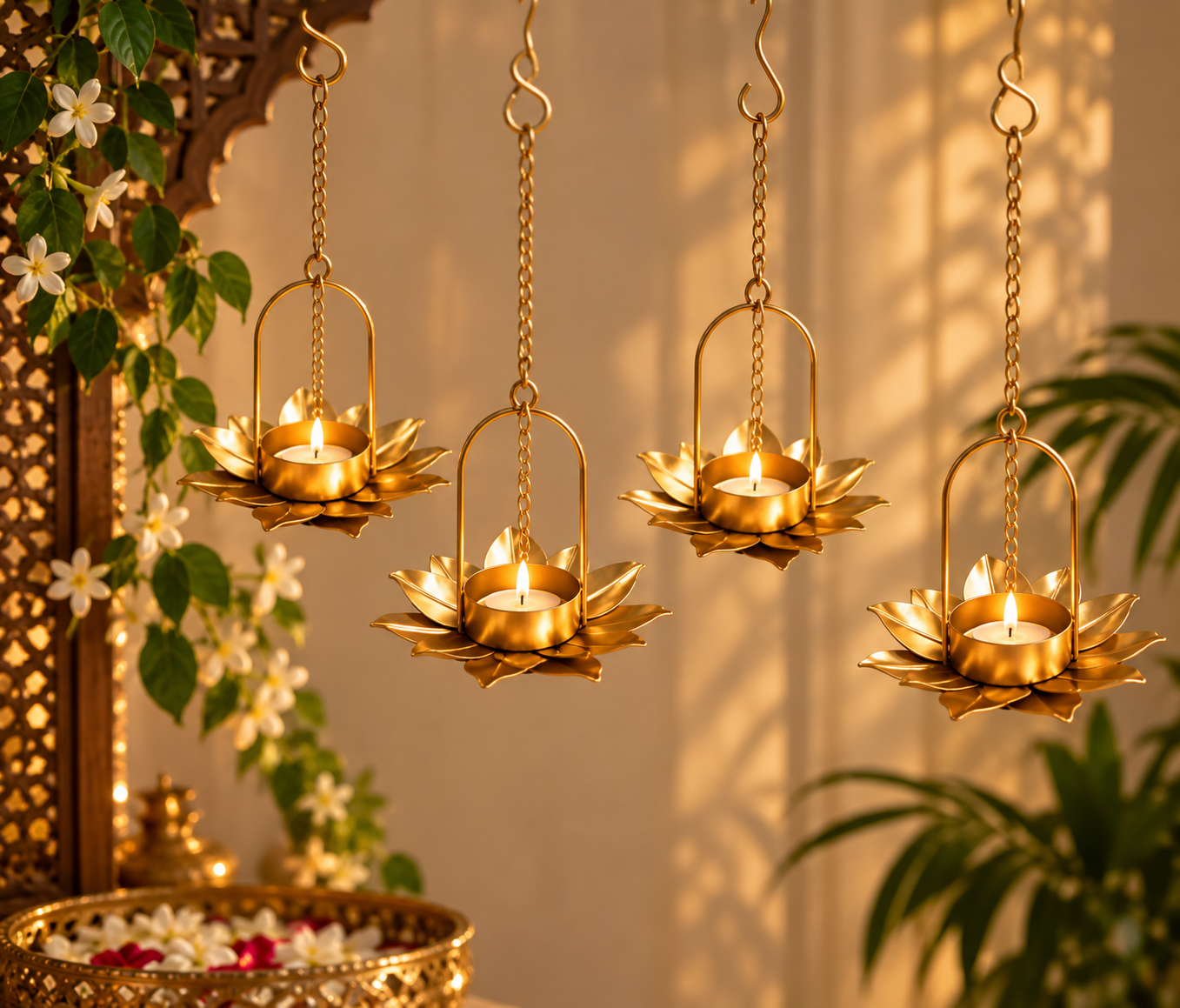 Gold Finish Metal Diwali Hanging Diya 3 inch for Gifting/Pooja/Diwali