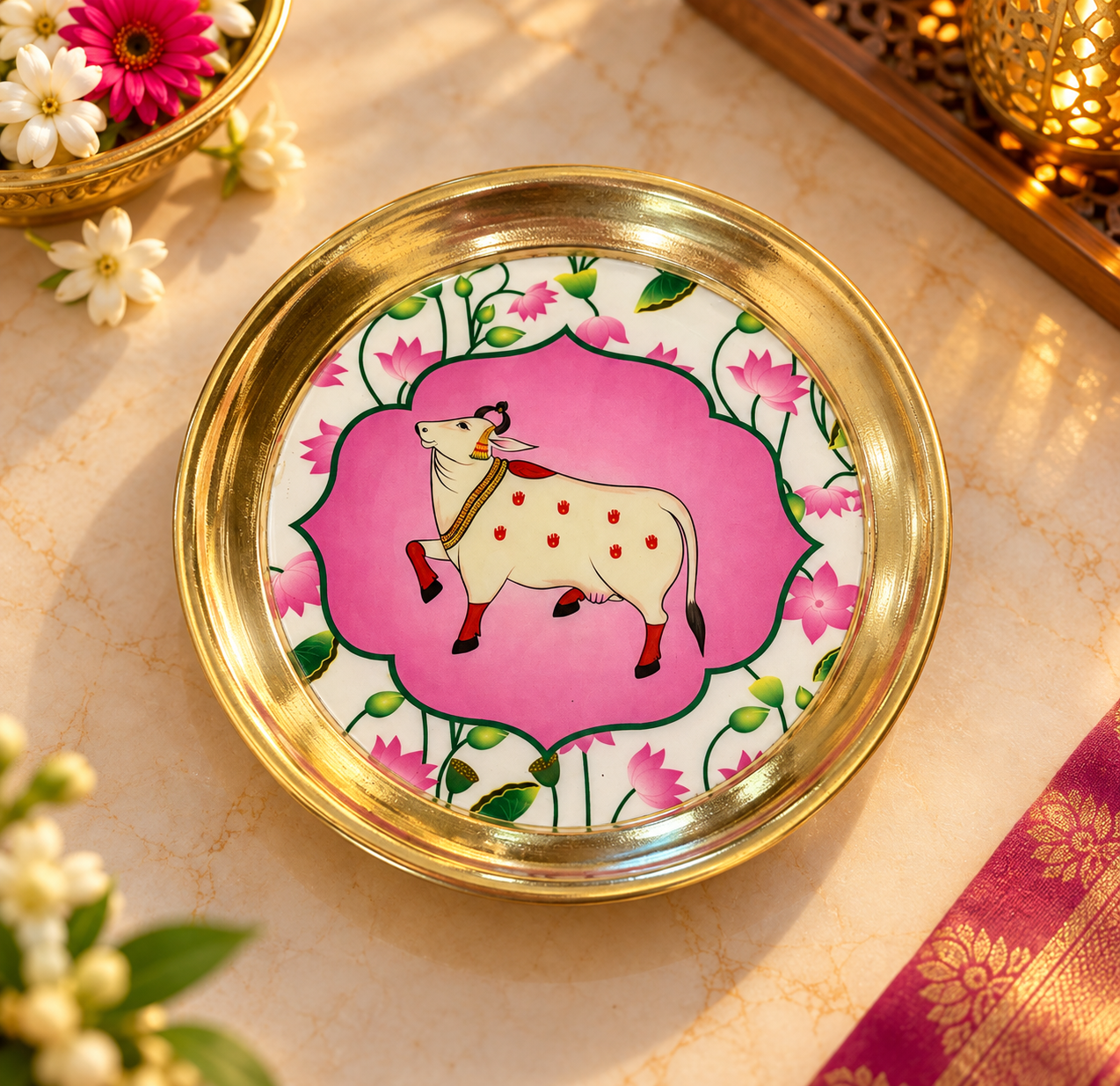 Pichwai Brass plates for Return favors for Pooja, Navaratri , Diwali, Housewarming - Image 4