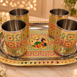 Stainless Steel Meenakari Serving Tray with 4 Glasses For Drinkware/Gifting