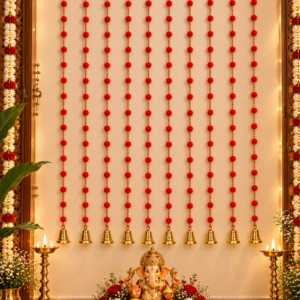 Set of 5 -String Woolen Pom Pom Garlands with Bells – Diwali Wedding Decor (4ft)