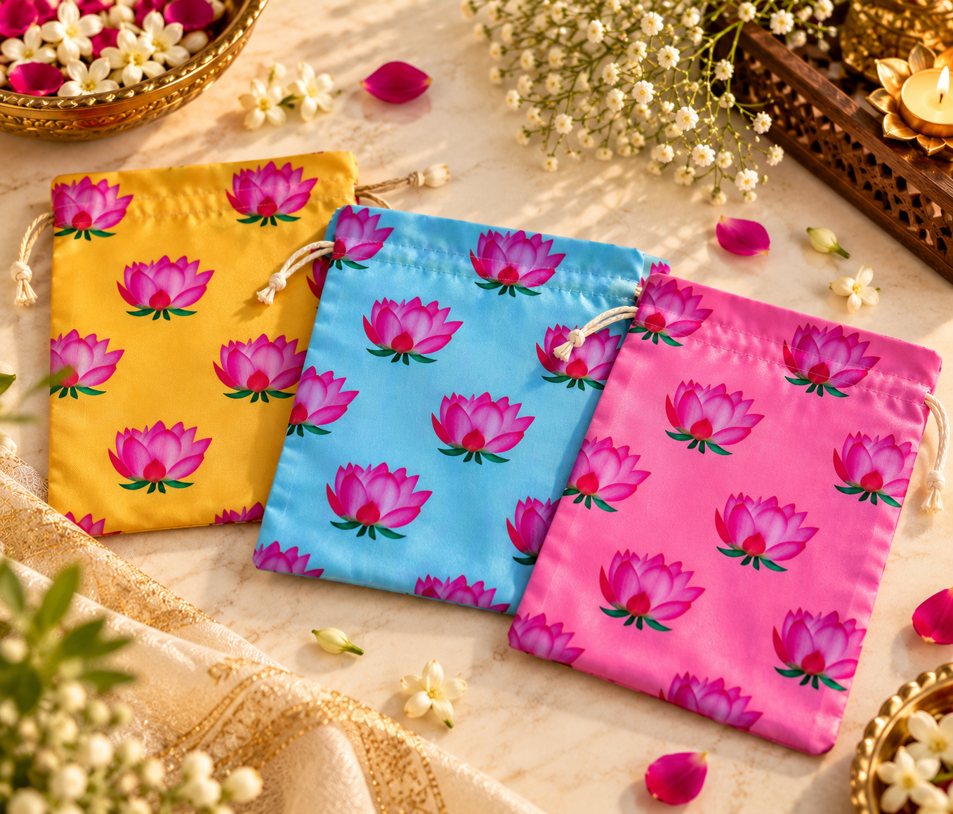 Lotus Print Satin Potlis, Indian Gifting Favor Bags - Image 2