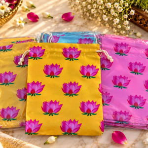 Lotus Print Satin Potlis, Indian Gifting Favor Bags