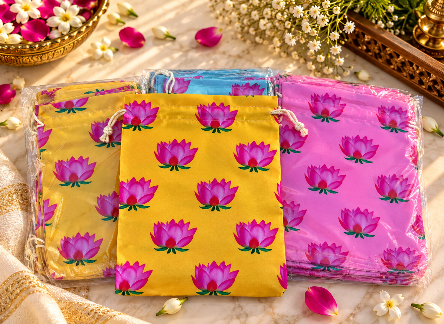 Lotus Print Satin Potlis, Indian Gifting Favor Bags