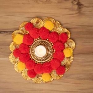 Handmade Pom Pom Tea Light Holder Pair: Diwali Rangoli Decor
