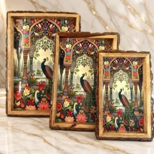 Hand-crafted Mango Wood Serving Trays with Ethnic Motifs – Rectangular