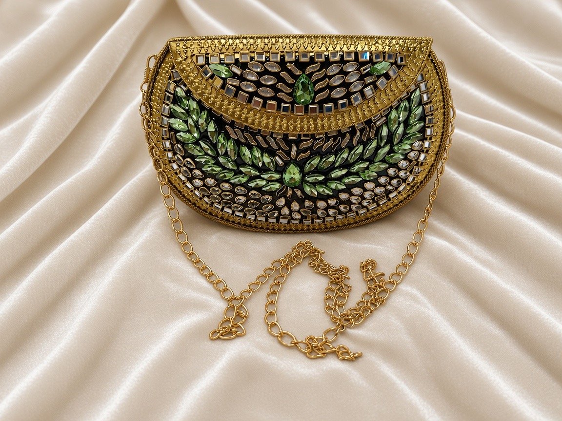 Kundan Metal Clutch Bag | Handcrafted Emerald Stone Evening Purse | Bridal Party Bag - Image 2