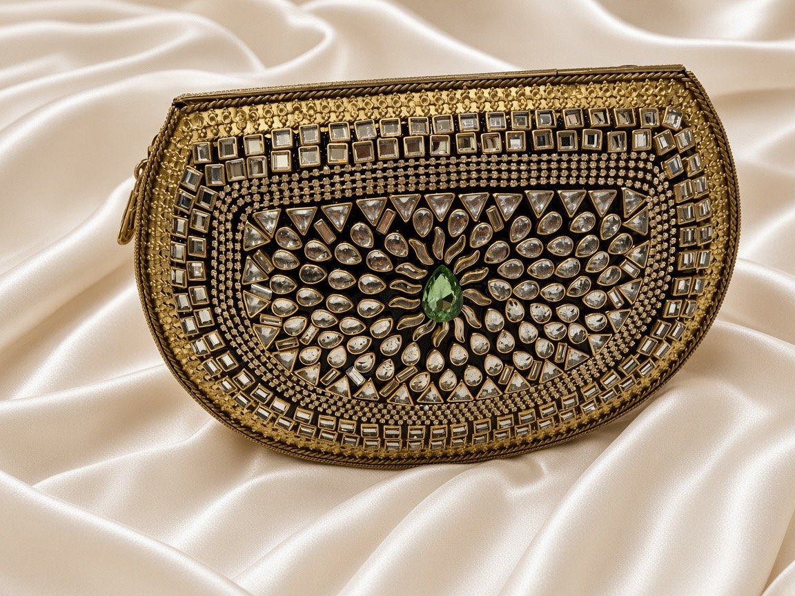 Kundan Metal Clutch Bag | Handcrafted Emerald Stone Evening Purse | Bridal Party Bag - Image 5