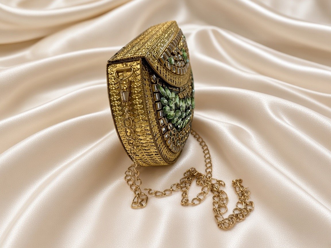 Kundan Metal Clutch Bag | Handcrafted Emerald Stone Evening Purse | Bridal Party Bag - Image 3