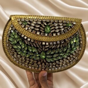 Kundan Metal Clutch Bag | Handcrafted Emerald Stone Evening Purse | Bridal Party Bag