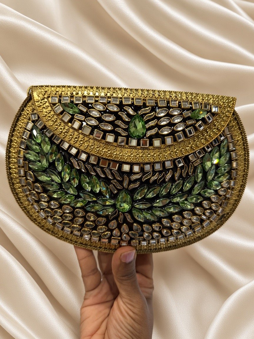 Kundan Metal Clutch Bag | Handcrafted Emerald Stone Evening Purse | Bridal Party Bag