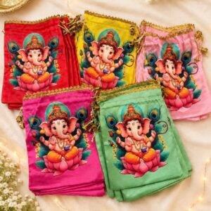 Ganesha Print Satin Potli Bag, Indian Wedding Favor/Ganpati Pooja