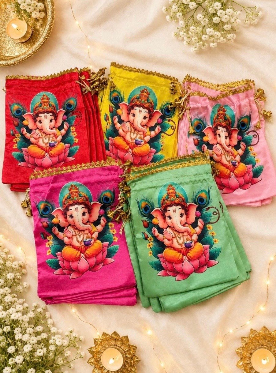 Ganesha Print Satin Potli Bag, Indian Wedding Favor/Ganpati Pooja