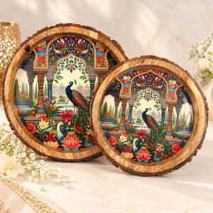 Hand-crafted Round Mango Wood Serving Trays with Peacock Motif – Indian Heritage Decor